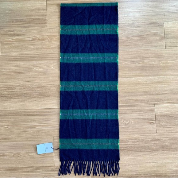 BEGG & CO Lambswool Angora Blend Navy and Green Striped Scarf FLAW - Picture 4 of 5